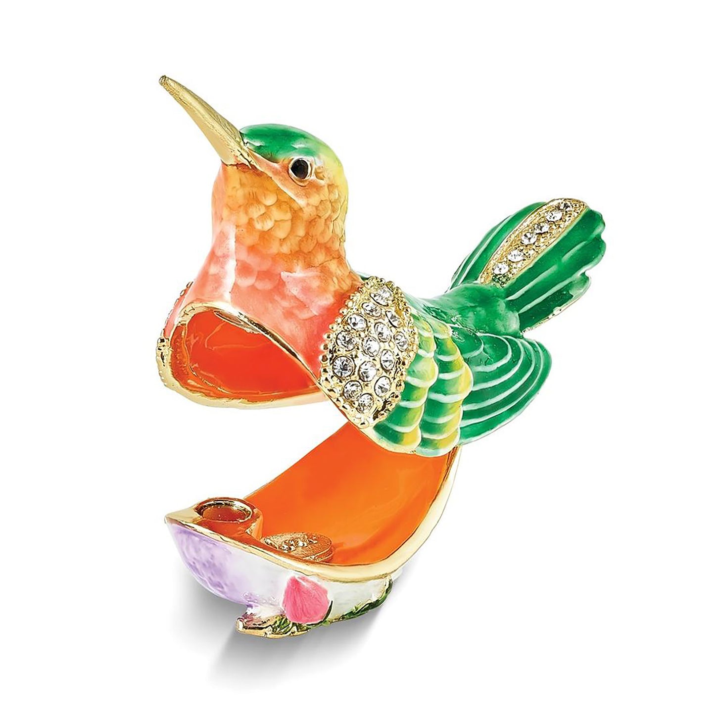 Pewter Bejeweled Crystals Gold-Tone Enameled Madi Gold-Tone Hummingbird Trinket Container Bejeweled Trinket Box with Matching 18 Inch Necklace, Hand Painted Enameled Collectible Gift