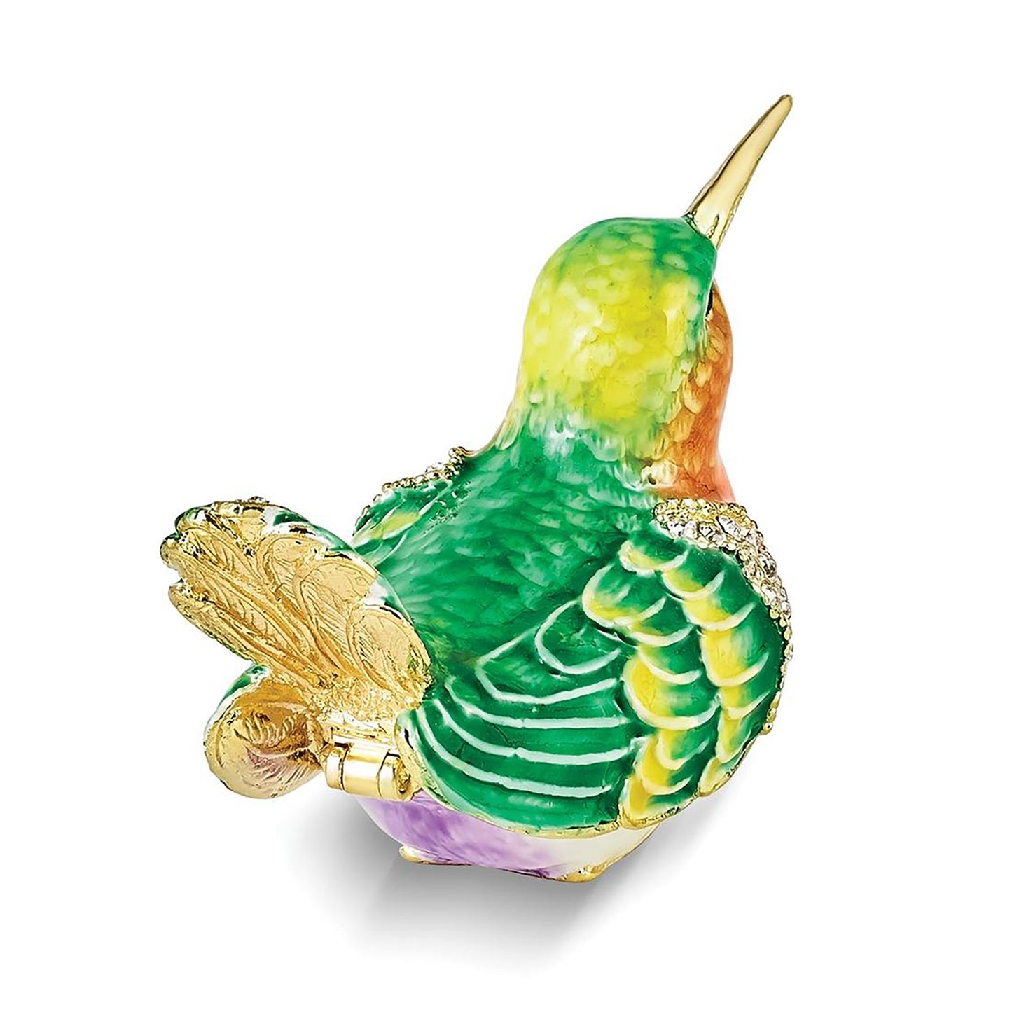 Pewter Bejeweled Crystals Gold-Tone Enameled Madi Gold-Tone Hummingbird Trinket Container Bejeweled Trinket Box with Matching 18 Inch Necklace, Hand Painted Enameled Collectible Gift