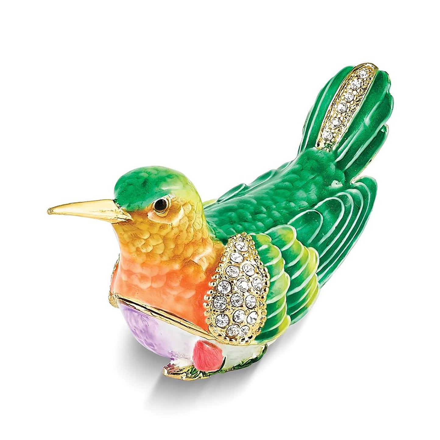 Pewter Bejeweled Crystals Gold-Tone Enameled Madi Gold-Tone Hummingbird Trinket Container Bejeweled Trinket Box with Matching 18 Inch Necklace, Hand Painted Enameled Collectible Gift