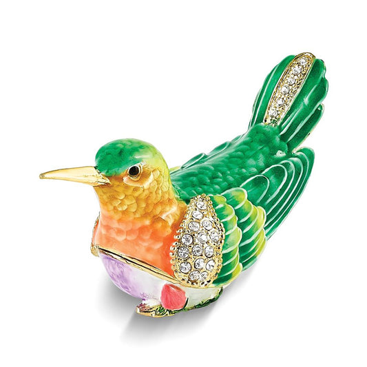 Pewter Bejeweled Crystals Gold-Tone Enameled Madi Gold-Tone Hummingbird Trinket Container Bejeweled Trinket Box with Matching 18 Inch Necklace, Hand Painted Enameled Collectible Gift