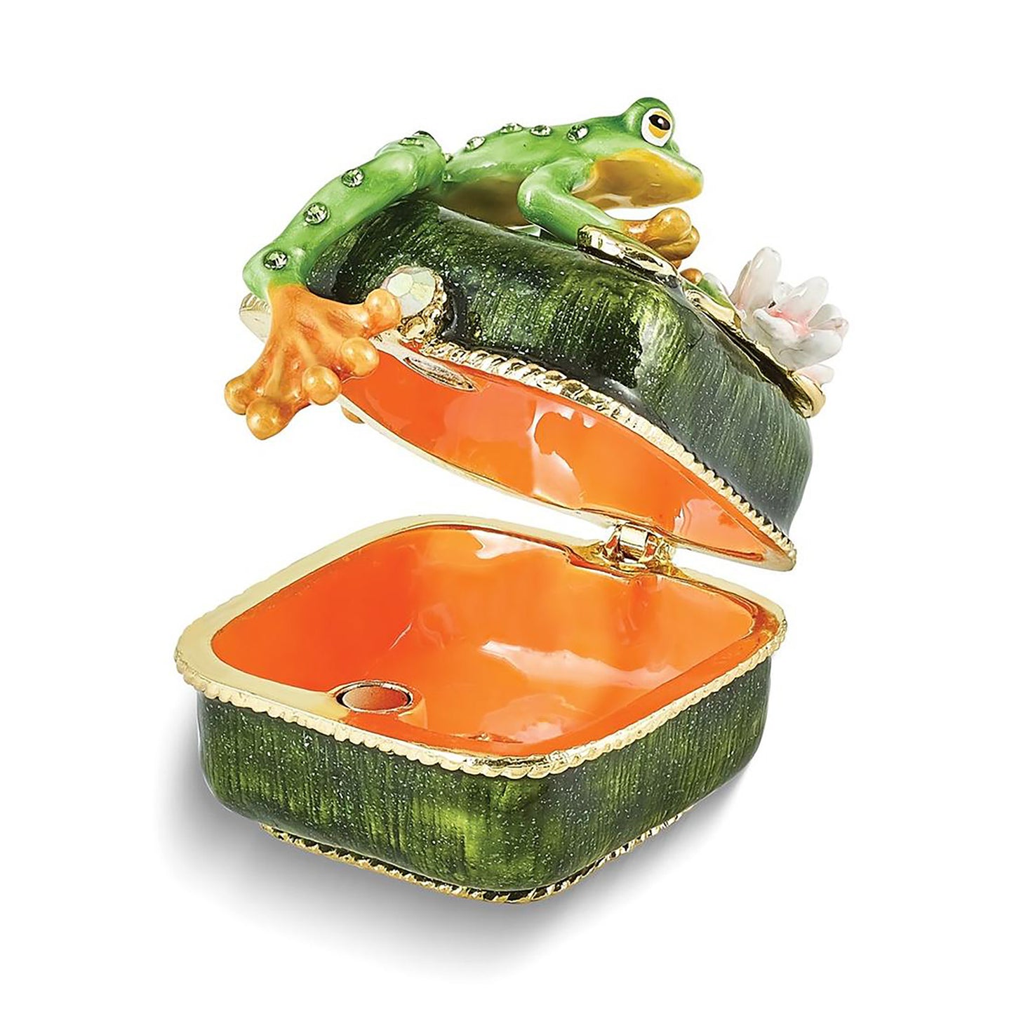 Pewter Bejeweled Crystals Gold-Tone Enameled Paddy Frog On Lily Pad Trinket Container Bejeweled Trinket Box with Matching 18 Inch Necklace, Hand Painted Enameled Collectible Gift