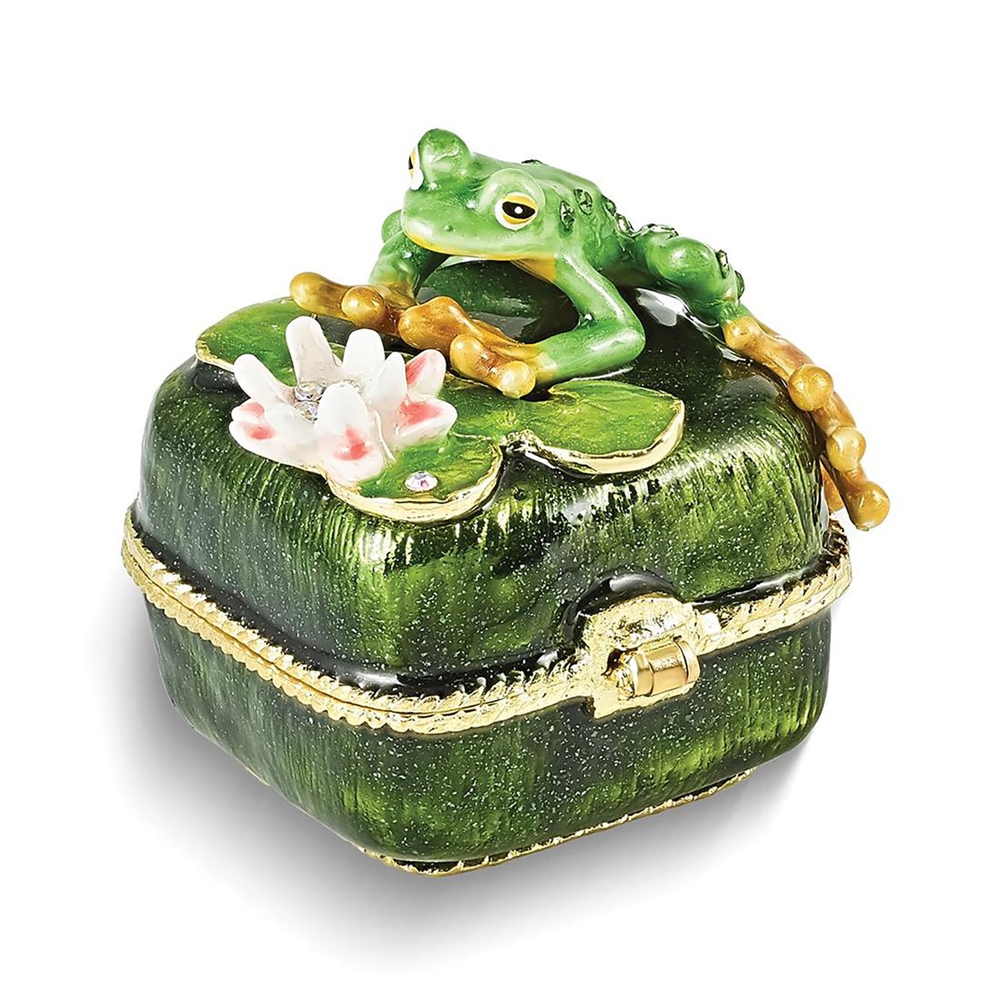 Pewter Bejeweled Crystals Gold-Tone Enameled Paddy Frog On Lily Pad Trinket Container Bejeweled Trinket Box with Matching 18 Inch Necklace, Hand Painted Enameled Collectible Gift