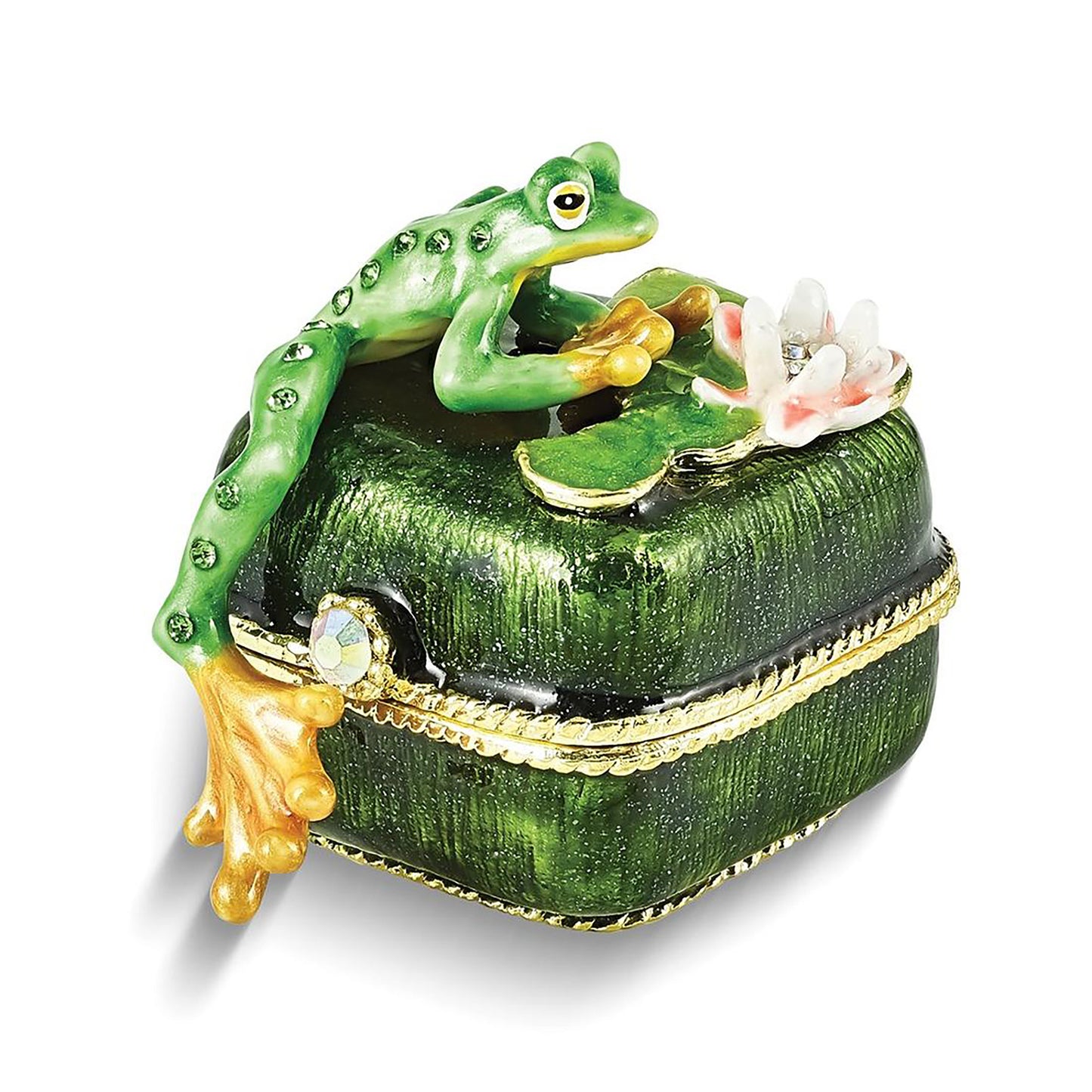 Pewter Bejeweled Crystals Gold-Tone Enameled Paddy Frog On Lily Pad Trinket Container Bejeweled Trinket Box with Matching 18 Inch Necklace, Hand Painted Enameled Collectible Gift