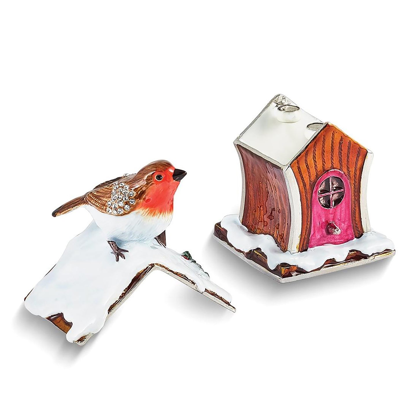 Pewter Bejeweled Crystals Silver-Tone Enameled Bertie Robin On Bird House Trinket Container Bejeweled Trinket Box with Matching 18 Inch Necklace, Hand Painted Enameled Collectible Gift