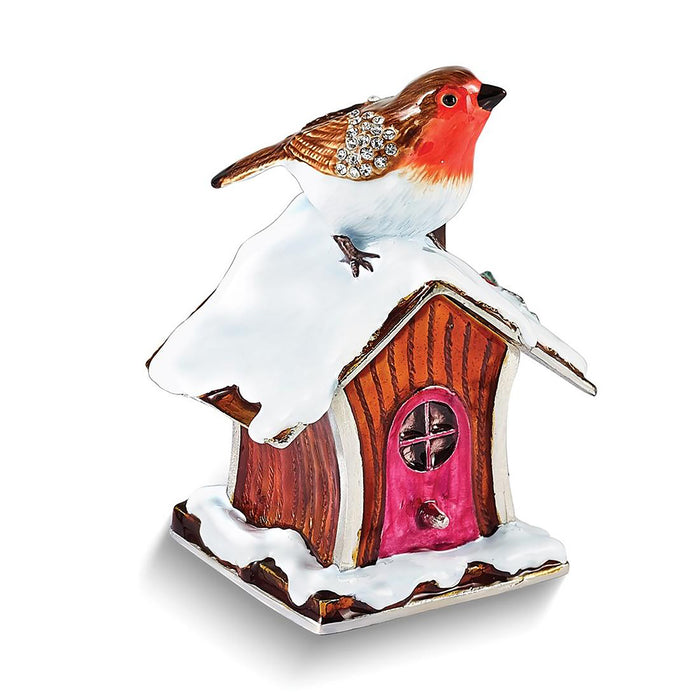 Jere Luxury Giftware Pewter Bejeweled Crystals Silver-Tone Enameled Bertie Robin On Bird House Trinket Container w Matching 18 Inch Necklace