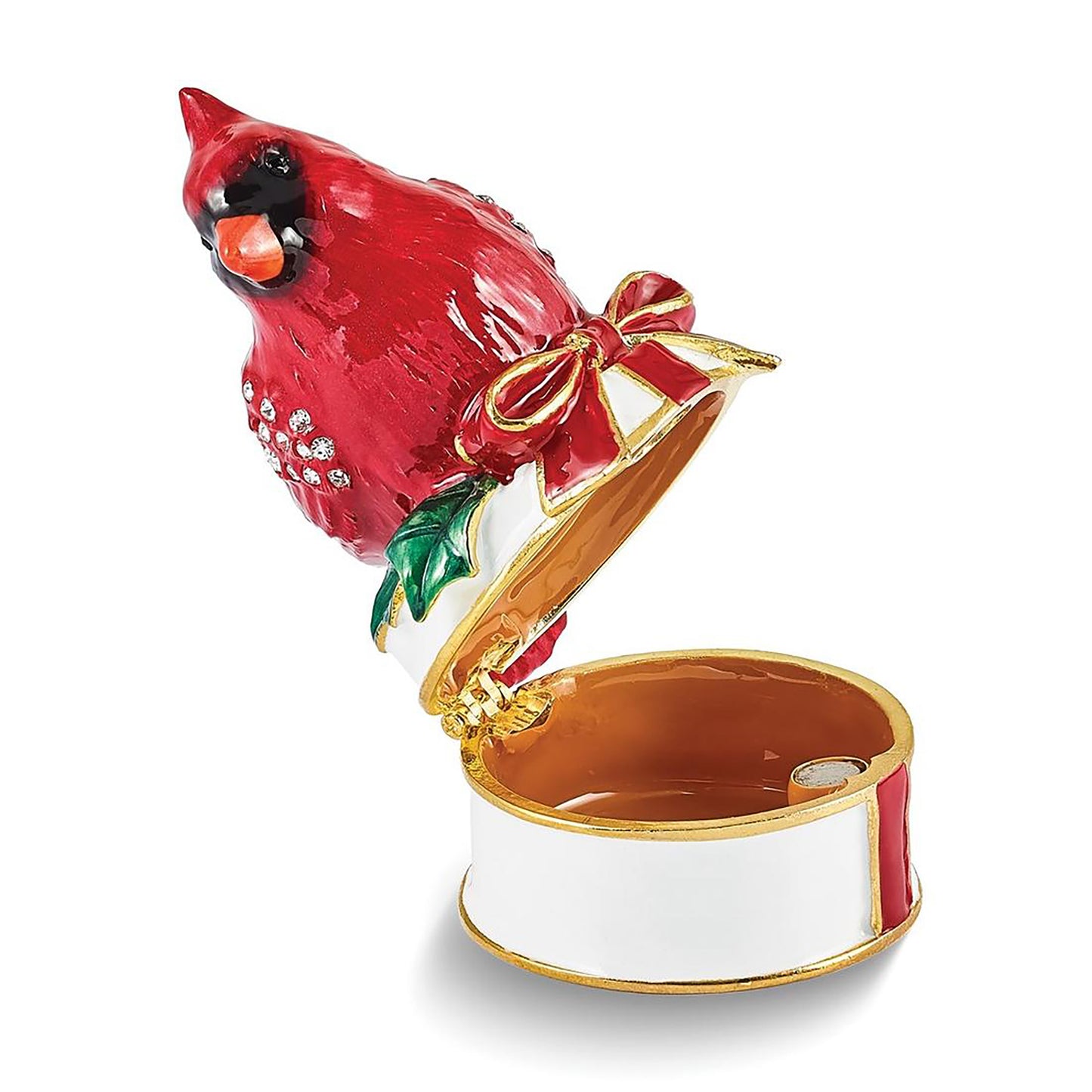 Pewter Bejeweled Crystals Gold-Tone Enameled Chas Red Cardinal On White Trinket Container Bejeweled Trinket Box with Matching 18 Inch Necklace, Hand Painted Enameled Collectible Gift