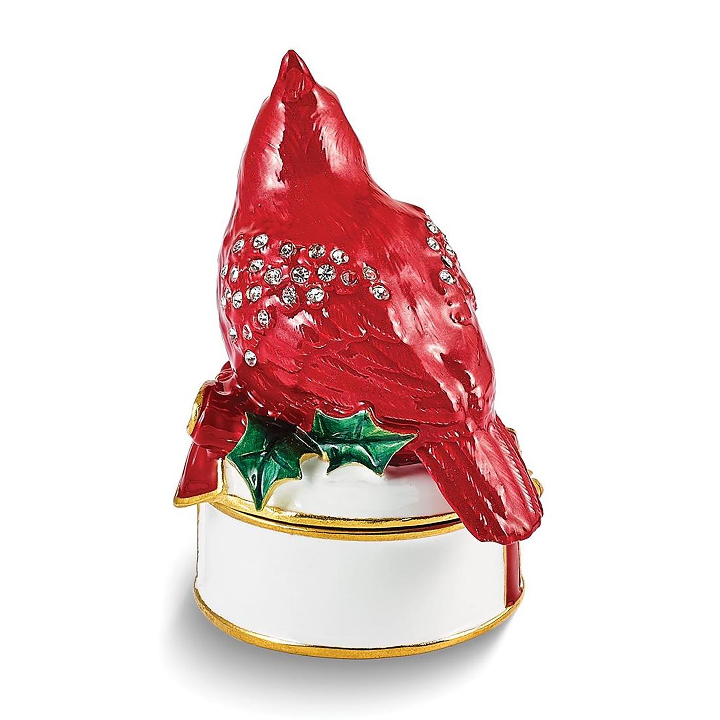 Pewter Bejeweled Crystals Gold-Tone Enameled Chas Red Cardinal On White Trinket Container Bejeweled Trinket Box with Matching 18 Inch Necklace, Hand Painted Enameled Collectible Gift