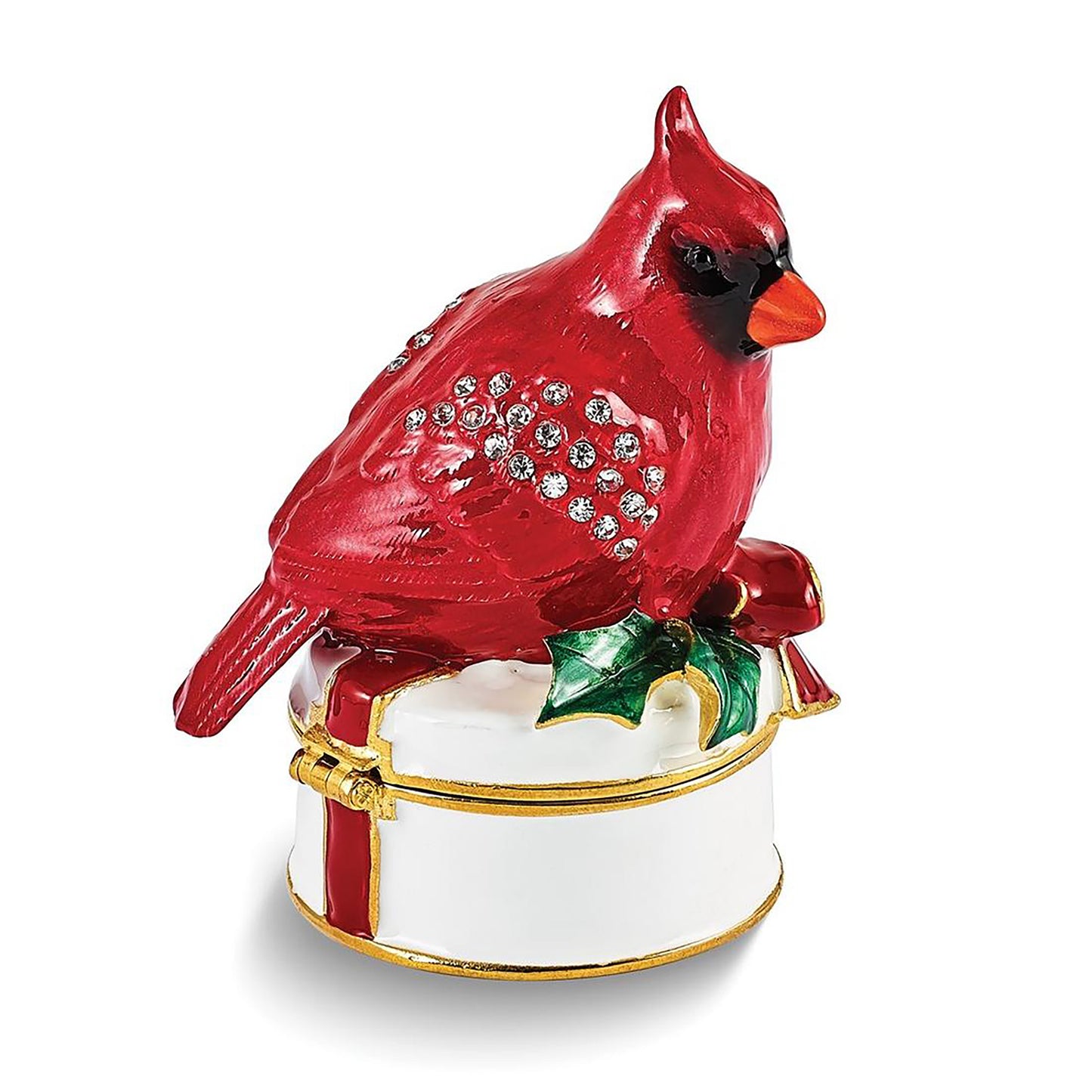 Pewter Bejeweled Crystals Gold-Tone Enameled Chas Red Cardinal On White Trinket Container Bejeweled Trinket Box with Matching 18 Inch Necklace, Hand Painted Enameled Collectible Gift