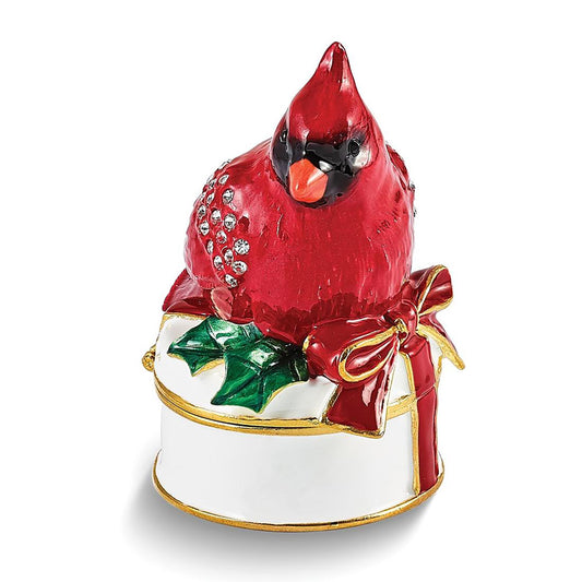 Pewter Bejeweled Crystals Gold-Tone Enameled Chas Red Cardinal On White Trinket Container Bejeweled Trinket Box with Matching 18 Inch Necklace, Hand Painted Enameled Collectible Gift