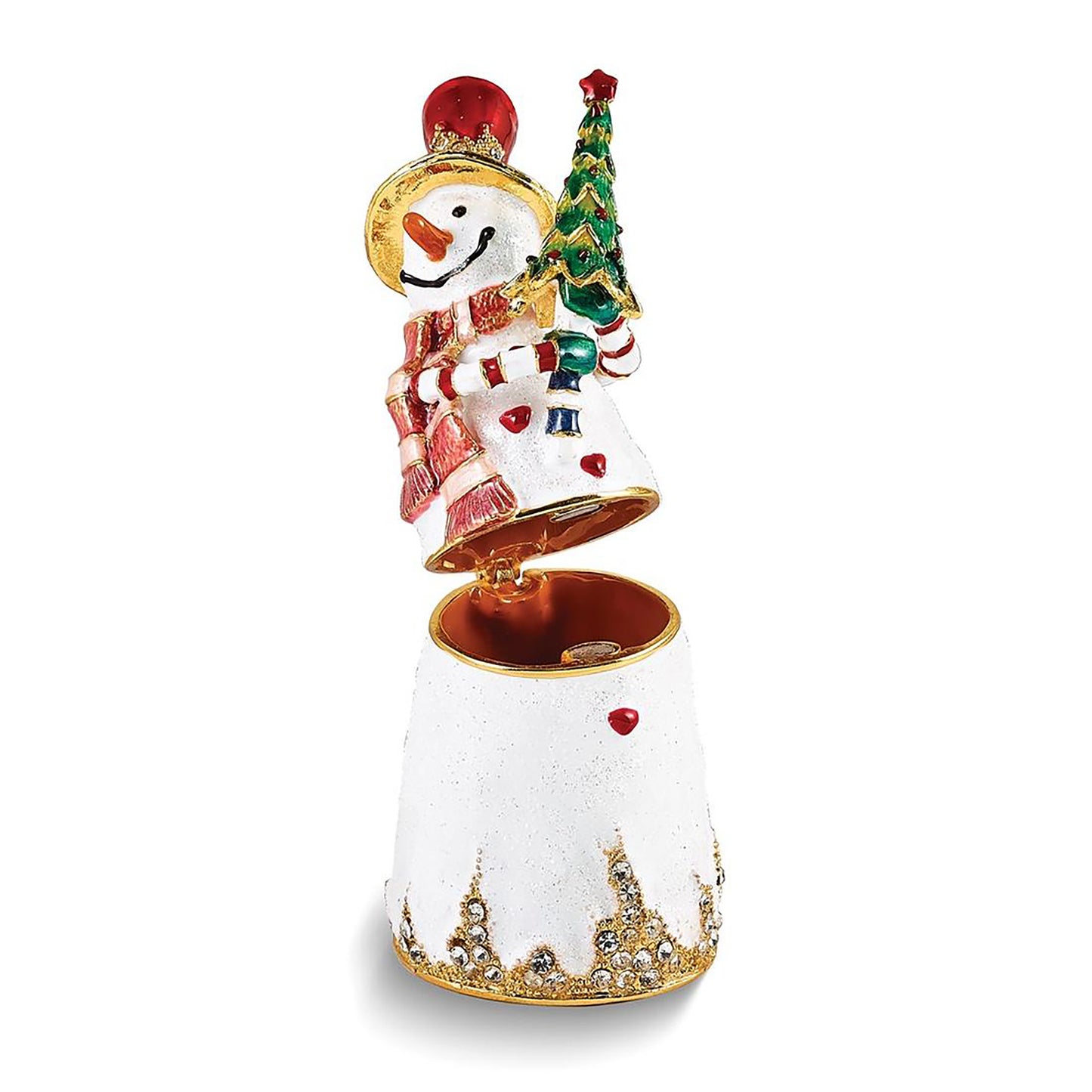 Pewter Bejeweled Crystals Gold-Tone Enameled Limited Edition Red Hat Friendly Snowman Trinket Container Bejeweled Trinket Box with Matching 18 Inch Necklace, Hand Painted Enameled Collectible Gift