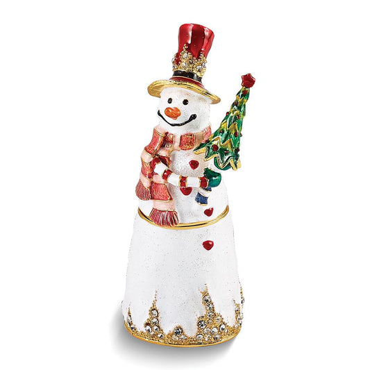 Pewter Bejeweled Crystals Gold-Tone Enameled Limited Edition Red Hat Friendly Snowman Trinket Container Bejeweled Trinket Box with Matching 18 Inch Necklace, Hand Painted Enameled Collectible Gift