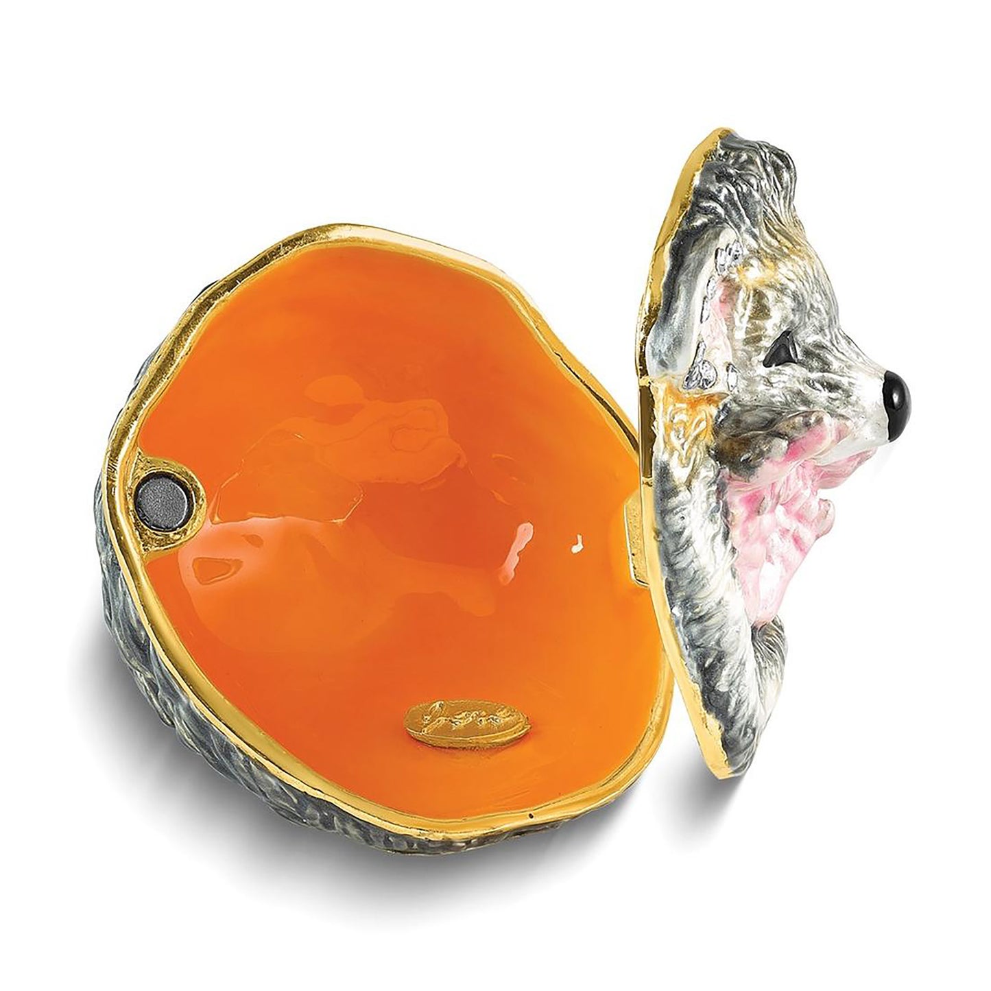 Bejeweled Hillary Balled Up Hedgehog Trinket Container Bejeweled Trinket Box with Matching 18 Inch Necklace, Hand Painted Enameled Collectible Gift