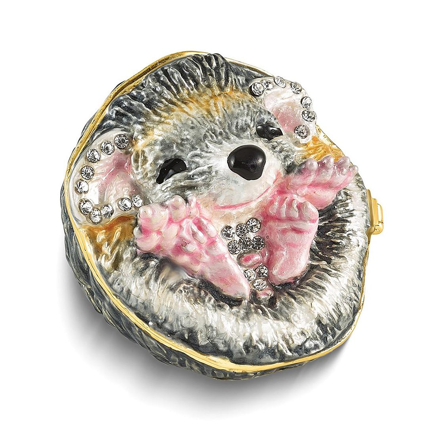 Bejeweled Hillary Balled Up Hedgehog Trinket Container Bejeweled Trinket Box with Matching 18 Inch Necklace, Hand Painted Enameled Collectible Gift