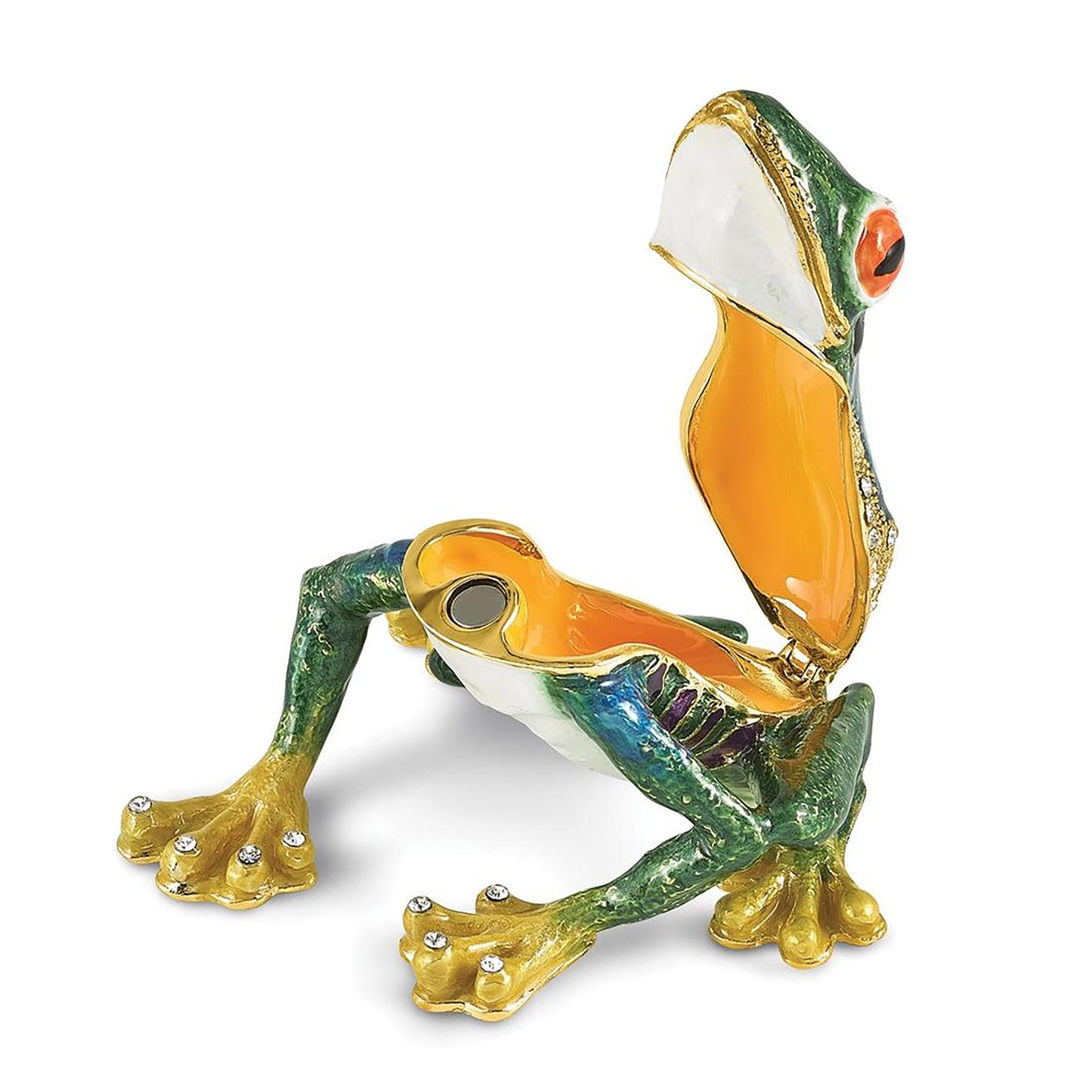 Bejeweled Haracha Red Eyed Tree Frog Trinket Container Bejeweled Trinket Box with Matching 18 Inch Necklace, Hand Painted Enameled Collectible Gift