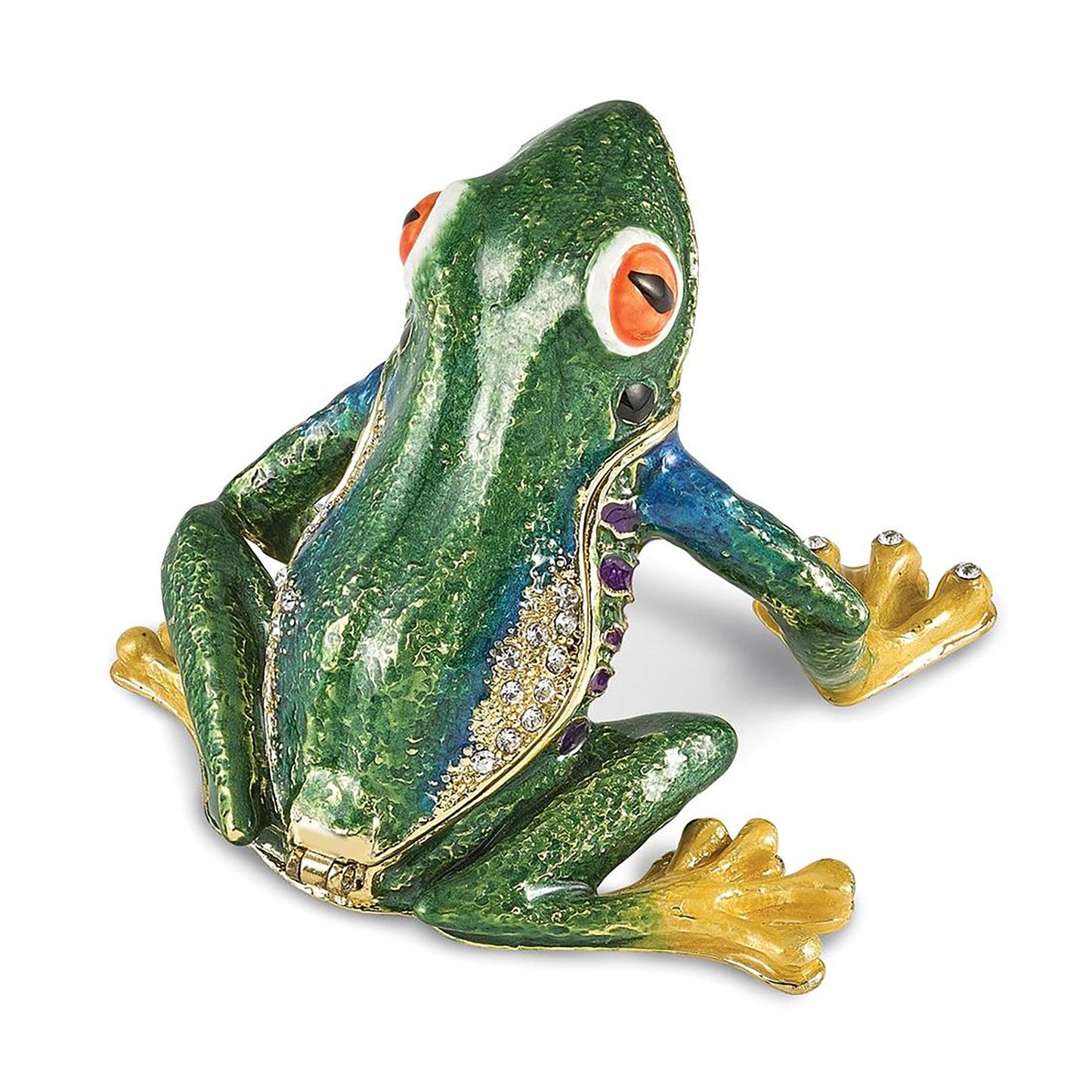Bejeweled Haracha Red Eyed Tree Frog Trinket Container Bejeweled Trinket Box with Matching 18 Inch Necklace, Hand Painted Enameled Collectible Gift