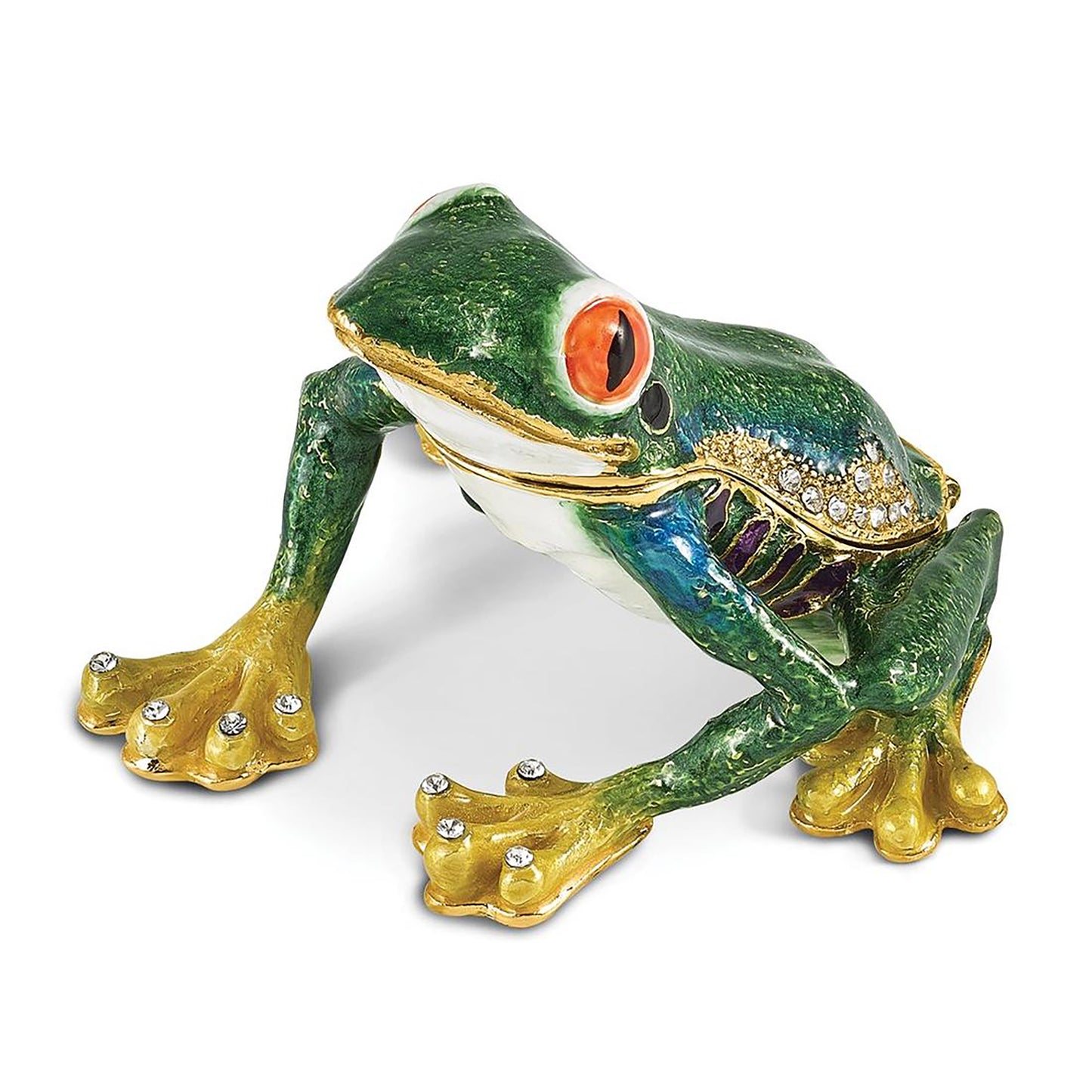 Bejeweled Haracha Red Eyed Tree Frog Trinket Container Bejeweled Trinket Box with Matching 18 Inch Necklace, Hand Painted Enameled Collectible Gift