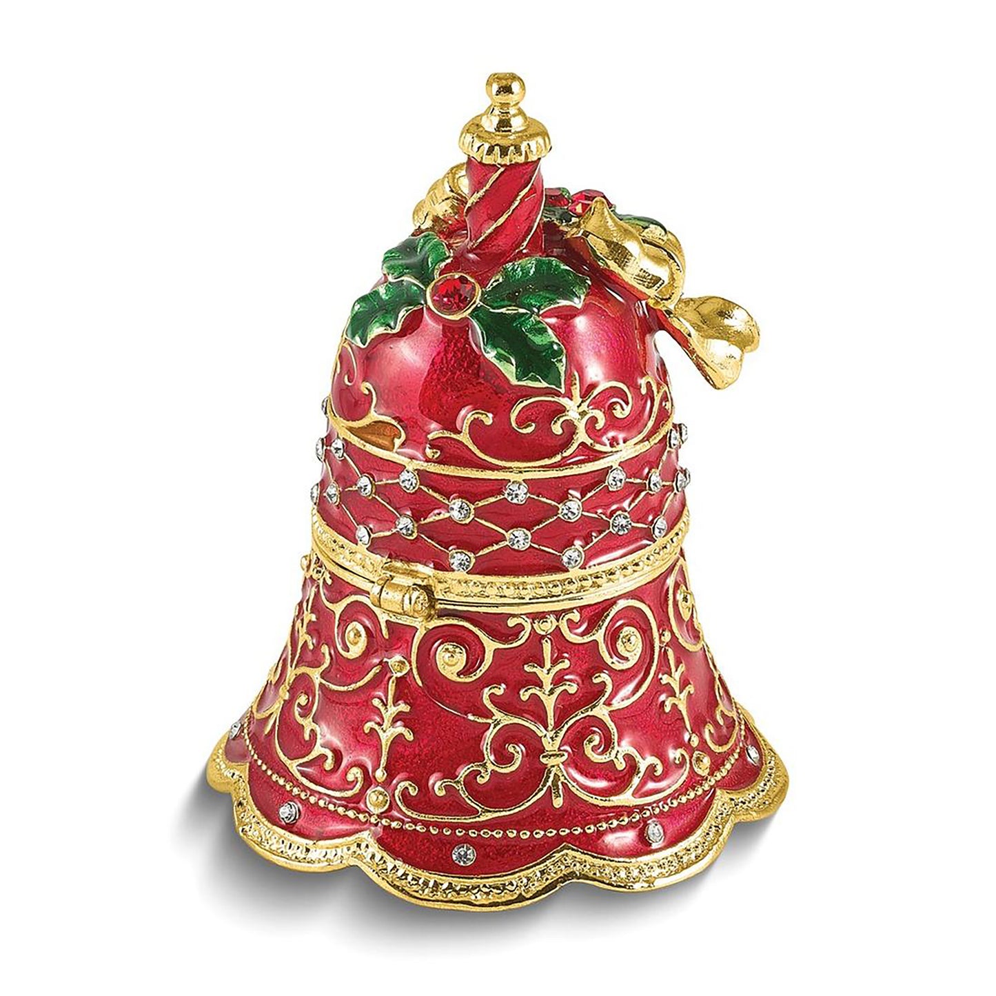 Bejeweled Belle Festive Bell Trinket Container Bejeweled Trinket Box with Matching 18 Inch Necklace, Hand Painted Enameled Collectible Gift