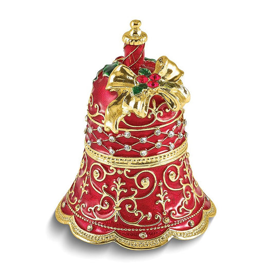 Bejeweled Belle Festive Bell Trinket Container Bejeweled Trinket Box with Matching 18 Inch Necklace, Hand Painted Enameled Collectible Gift
