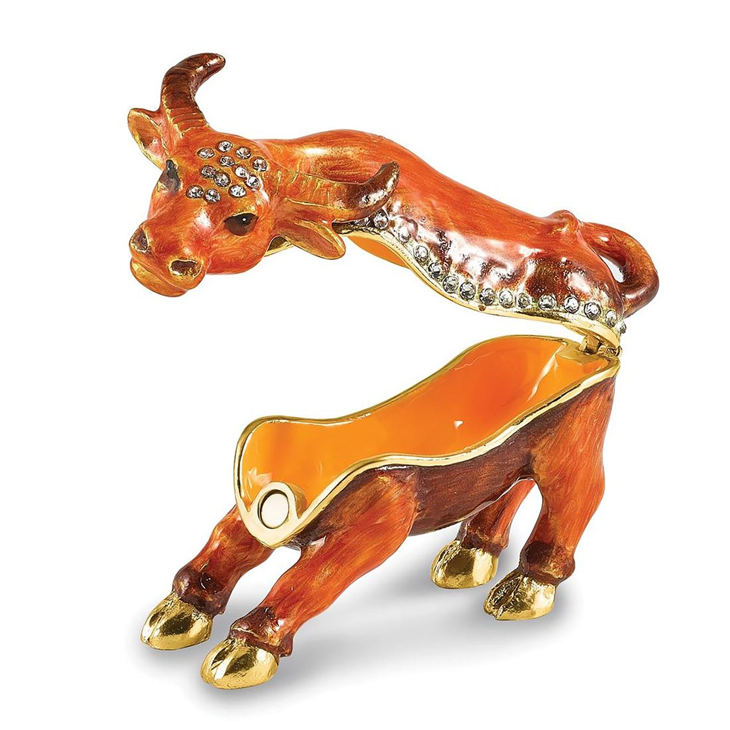 Bejeweled Dozer Bull Trinket Container Bejeweled Trinket Box with Matching 18 Inch Necklace, Hand Painted Enameled Collectible Gift