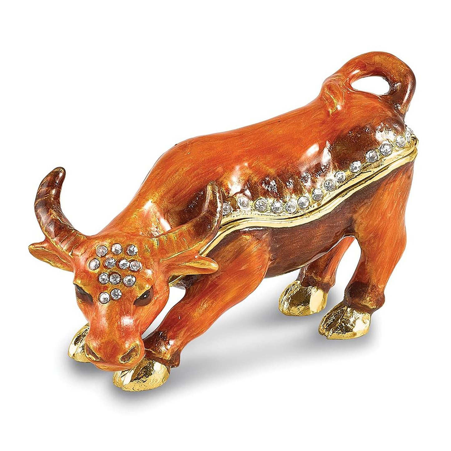 Bejeweled Dozer Bull Trinket Container Bejeweled Trinket Box with Matching 18 Inch Necklace, Hand Painted Enameled Collectible Gift