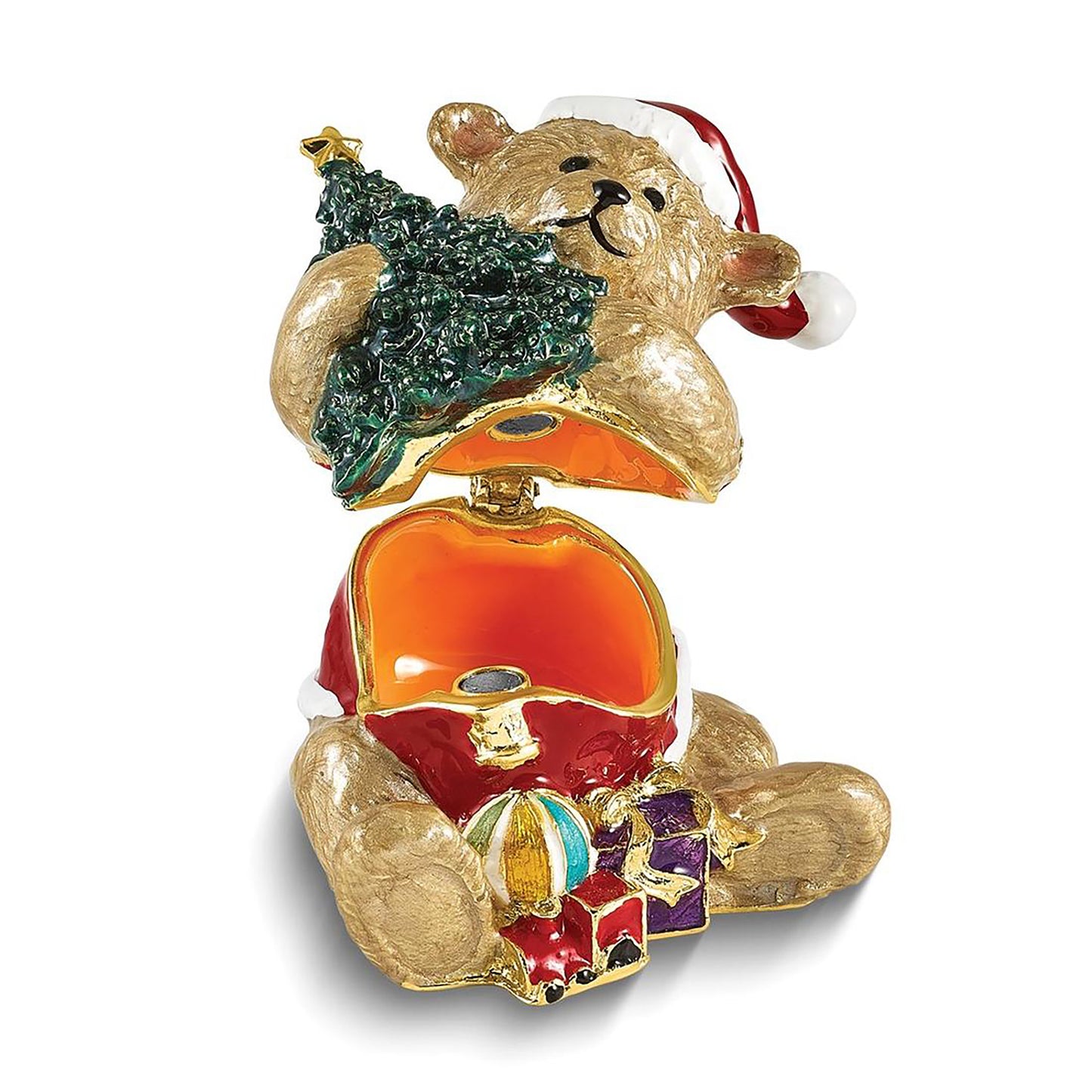 Bejeweled Holly Bear Brown Bear w Tree Trinket Container Bejeweled Trinket Box with Matching 18 Inch Necklace, Hand Painted Enameled Collectible Gift