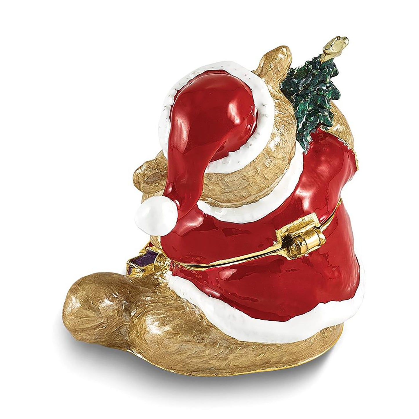 Bejeweled Holly Bear Brown Bear w Tree Trinket Container Bejeweled Trinket Box with Matching 18 Inch Necklace, Hand Painted Enameled Collectible Gift