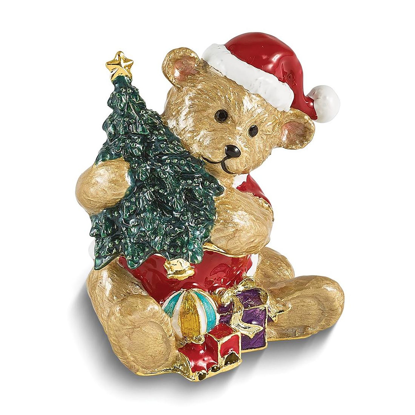 Bejeweled Holly Bear Brown Bear w Tree Trinket Container Bejeweled Trinket Box with Matching 18 Inch Necklace, Hand Painted Enameled Collectible Gift