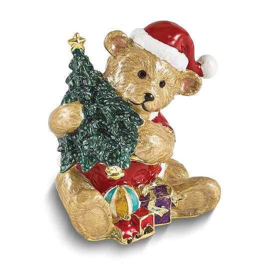 Bejeweled Holly Bear Brown Bear w Tree Trinket Container Bejeweled Trinket Box with Matching 18 Inch Necklace, Hand Painted Enameled Collectible Gift