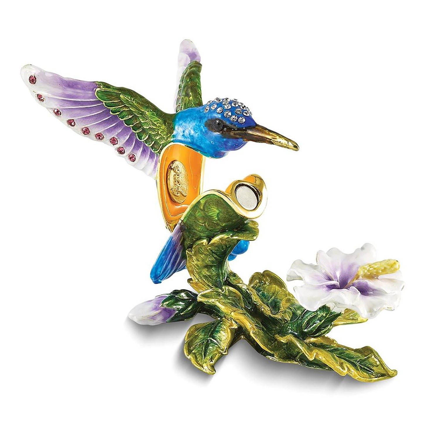 Bejeweled Graceful Flight Blue Hummingbird Trinket Container Bejeweled Trinket Box with Matching 18 Inch Necklace, Hand Painted Enameled Collectible Gift