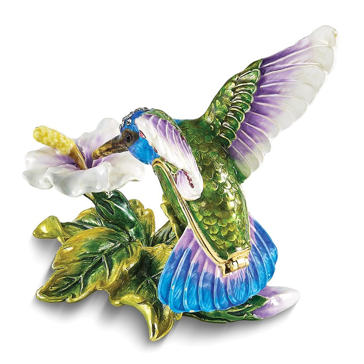 Bejeweled Graceful Flight Blue Hummingbird Trinket Container Bejeweled Trinket Box with Matching 18 Inch Necklace, Hand Painted Enameled Collectible Gift
