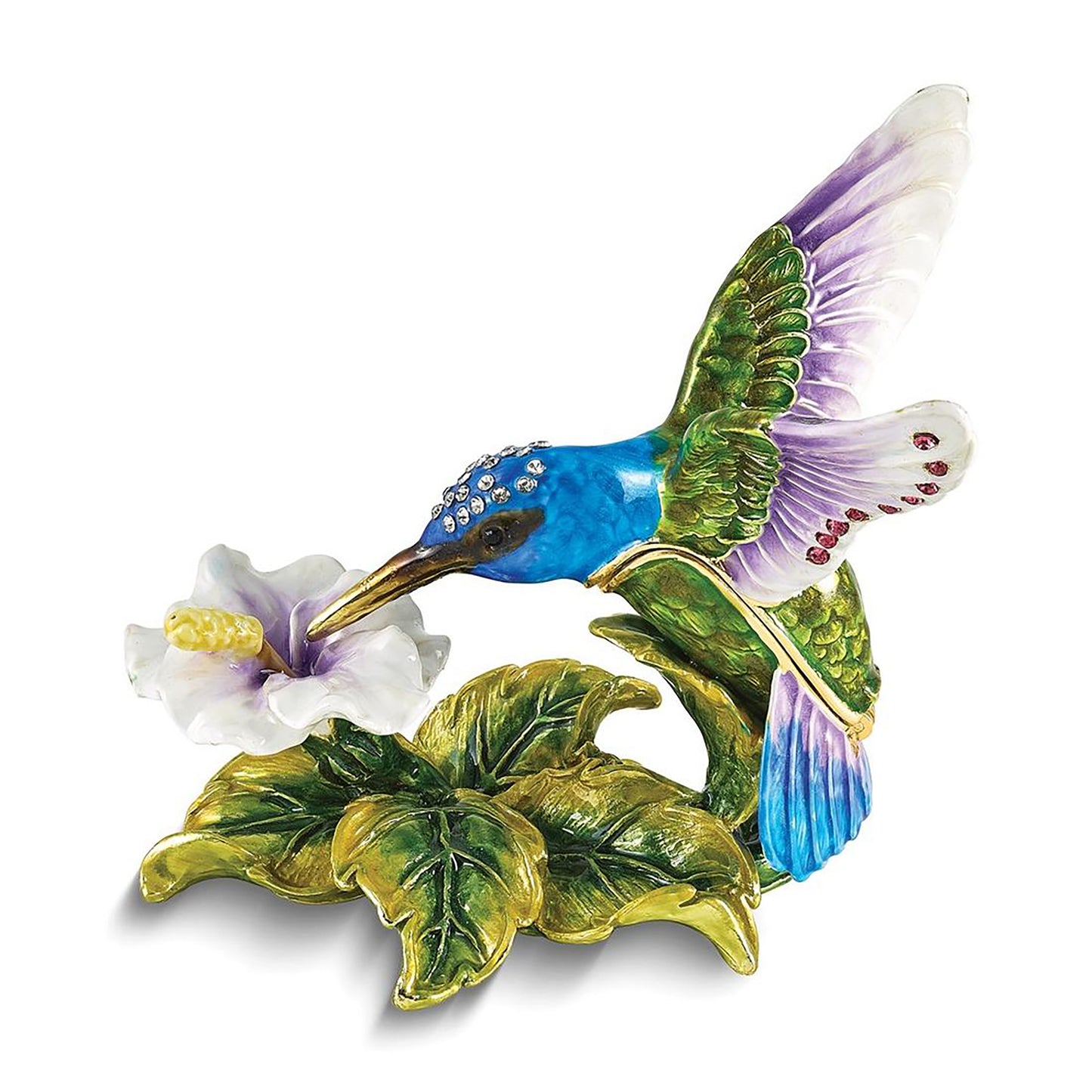 Bejeweled Graceful Flight Blue Hummingbird Trinket Container Bejeweled Trinket Box with Matching 18 Inch Necklace, Hand Painted Enameled Collectible Gift