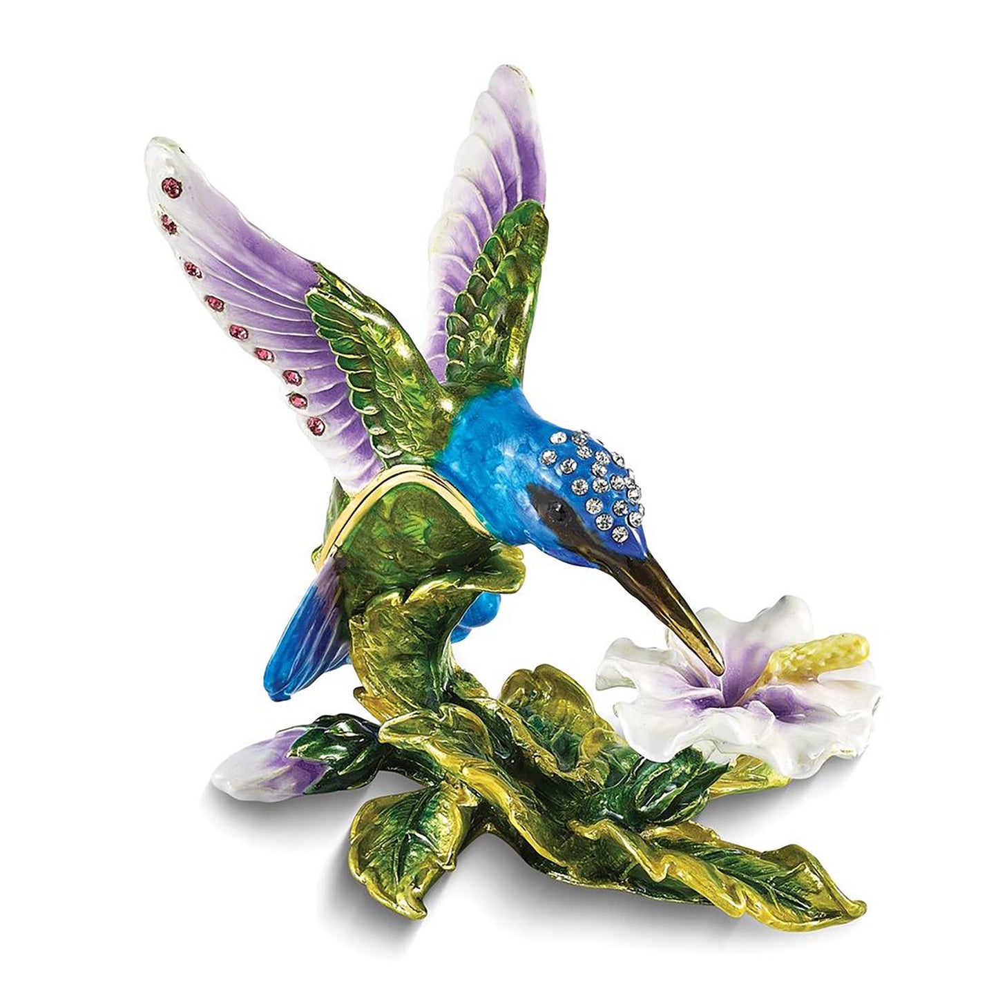 Bejeweled Graceful Flight Blue Hummingbird Trinket Container Bejeweled Trinket Box with Matching 18 Inch Necklace, Hand Painted Enameled Collectible Gift