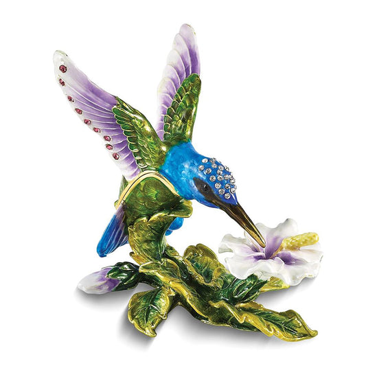 Bejeweled Graceful Flight Blue Hummingbird Trinket Container Bejeweled Trinket Box with Matching 18 Inch Necklace, Hand Painted Enameled Collectible Gift