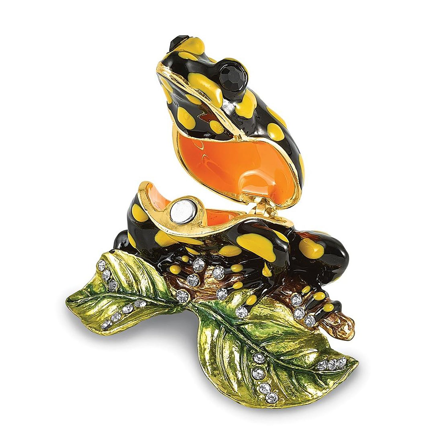 Bejeweled Dart Black And Yellow Frog Trinket Container Bejeweled Trinket Box with Matching 18 Inch Necklace, Hand Painted Enameled Collectible Gift