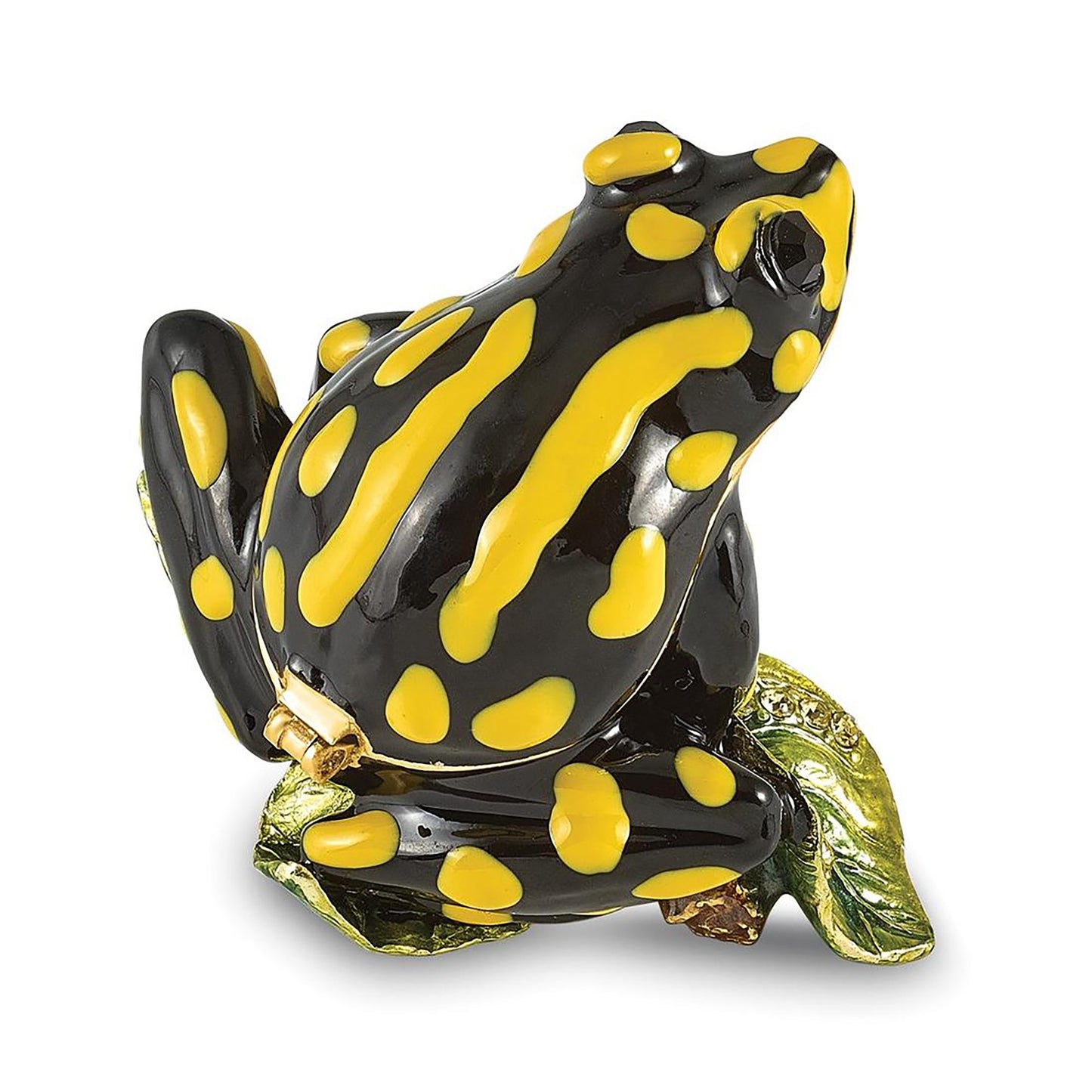 Bejeweled Dart Black And Yellow Frog Trinket Container Bejeweled Trinket Box with Matching 18 Inch Necklace, Hand Painted Enameled Collectible Gift
