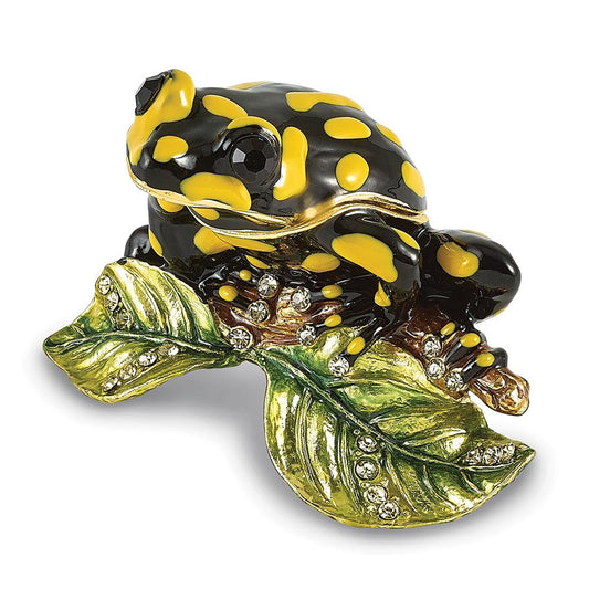 Bejeweled Dart Black And Yellow Frog Trinket Container Bejeweled Trinket Box with Matching 18 Inch Necklace, Hand Painted Enameled Collectible Gift