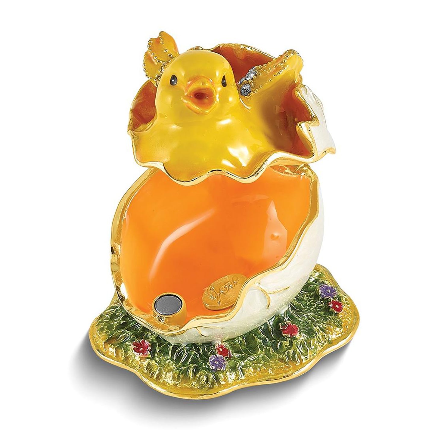 Bejeweled Daisy Yellow Chick Hatching From Egg Trinket Container Bejeweled Trinket Box with Matching 18 Inch Necklace, Hand Painted Enameled Collectible Gift