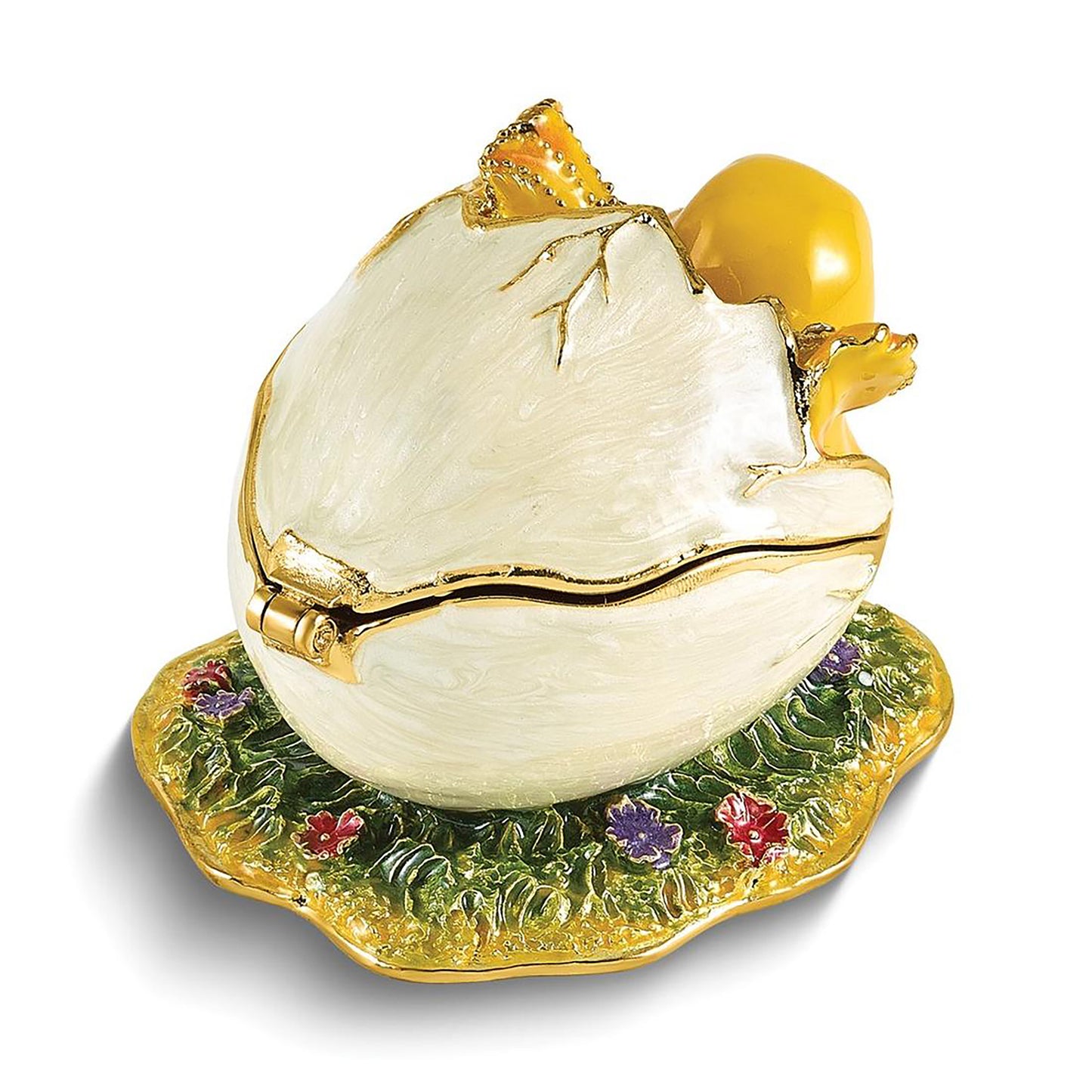 Bejeweled Daisy Yellow Chick Hatching From Egg Trinket Container Bejeweled Trinket Box with Matching 18 Inch Necklace, Hand Painted Enameled Collectible Gift