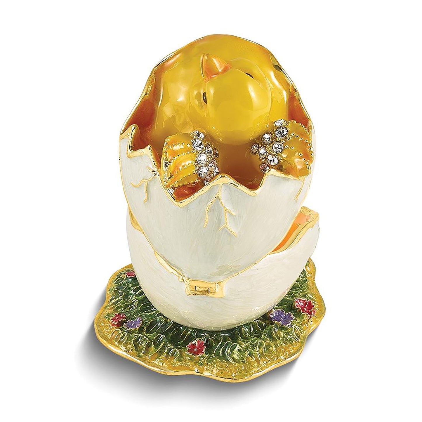 Bejeweled Daisy Yellow Chick Hatching From Egg Trinket Container Bejeweled Trinket Box with Matching 18 Inch Necklace, Hand Painted Enameled Collectible Gift