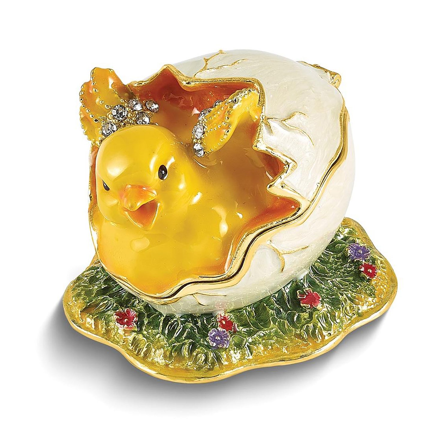 Bejeweled Daisy Yellow Chick Hatching From Egg Trinket Container Bejeweled Trinket Box with Matching 18 Inch Necklace, Hand Painted Enameled Collectible Gift