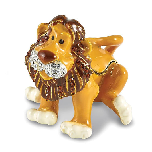 Bejeweled Ari Lion Trinket Container Bejeweled Trinket Box with Matching 18 Inch Necklace, Hand Painted Enameled Collectible Gift