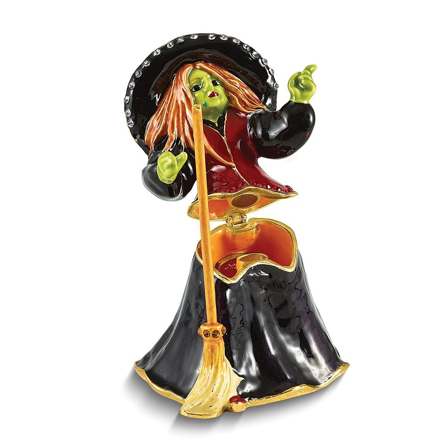 Bejeweled Salem Witch w Broom Trinket Container Bejeweled Trinket Box with Matching 18 Inch Necklace, Hand Painted Enameled Collectible Gift
