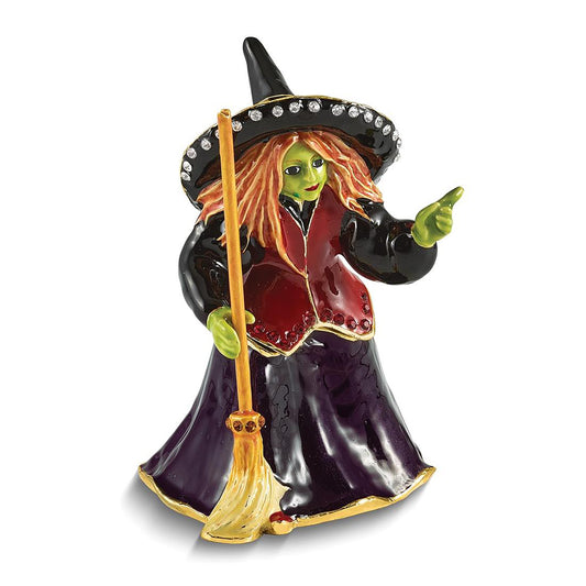 Bejeweled Salem Witch w Broom Trinket Container Bejeweled Trinket Box with Matching 18 Inch Necklace, Hand Painted Enameled Collectible Gift