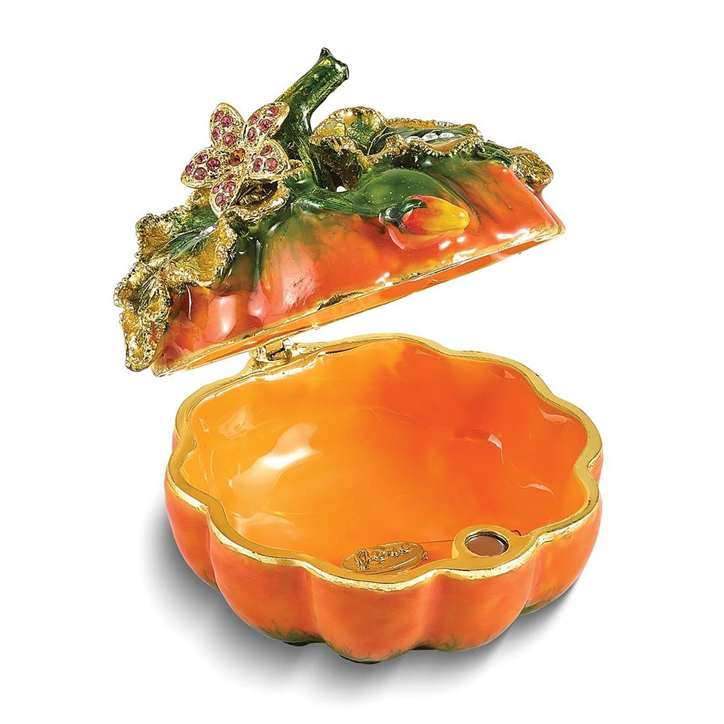 Bejeweled Autumn Pumpkin Trinket Container Bejeweled Trinket Box with Matching 18 Inch Necklace, Hand Painted Enameled Collectible Gift