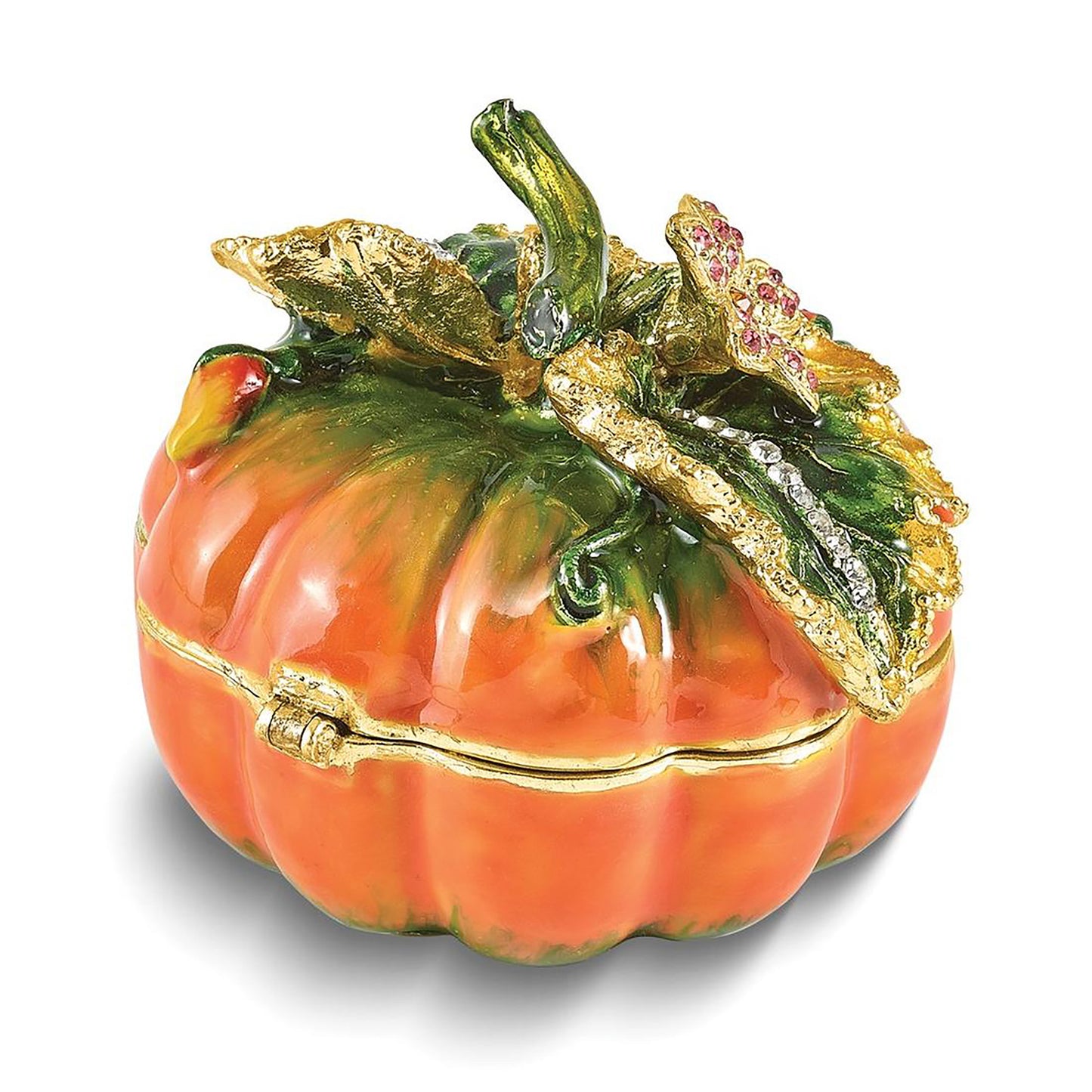 Bejeweled Autumn Pumpkin Trinket Container Bejeweled Trinket Box with Matching 18 Inch Necklace, Hand Painted Enameled Collectible Gift