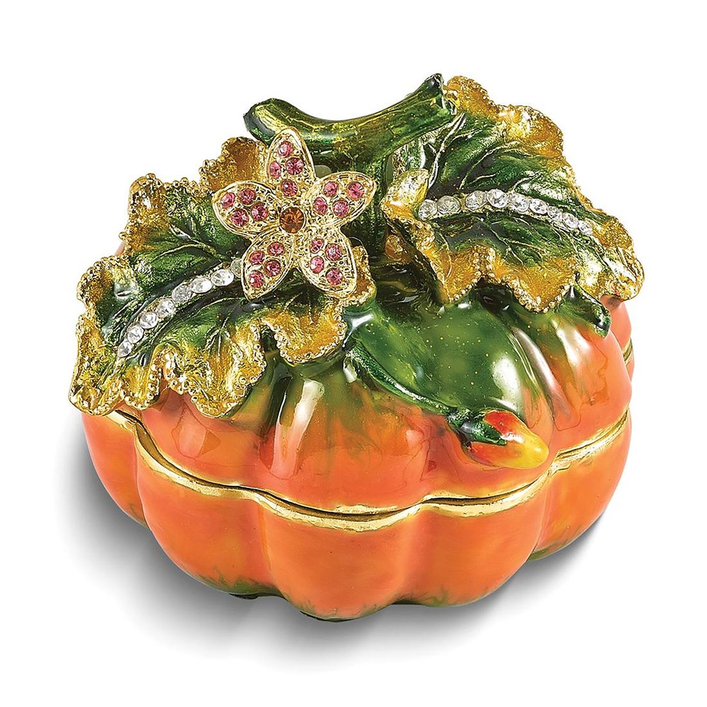Bejeweled Autumn Pumpkin Trinket Container Bejeweled Trinket Box with Matching 18 Inch Necklace, Hand Painted Enameled Collectible Gift