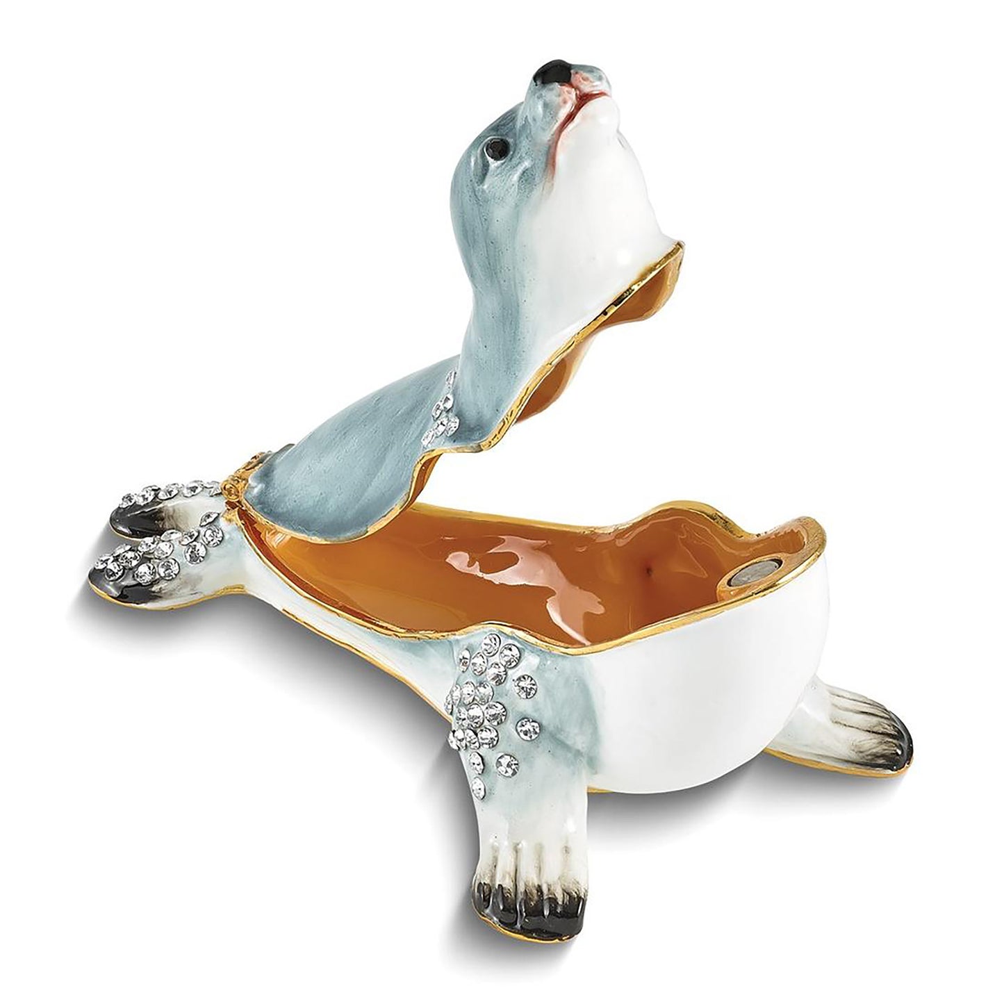 Bejewled Pinny Grey Seal Trinket Container Bejeweled Trinket Box with Matching 18 Inch Necklace, Hand Painted Enameled Collectible Gift