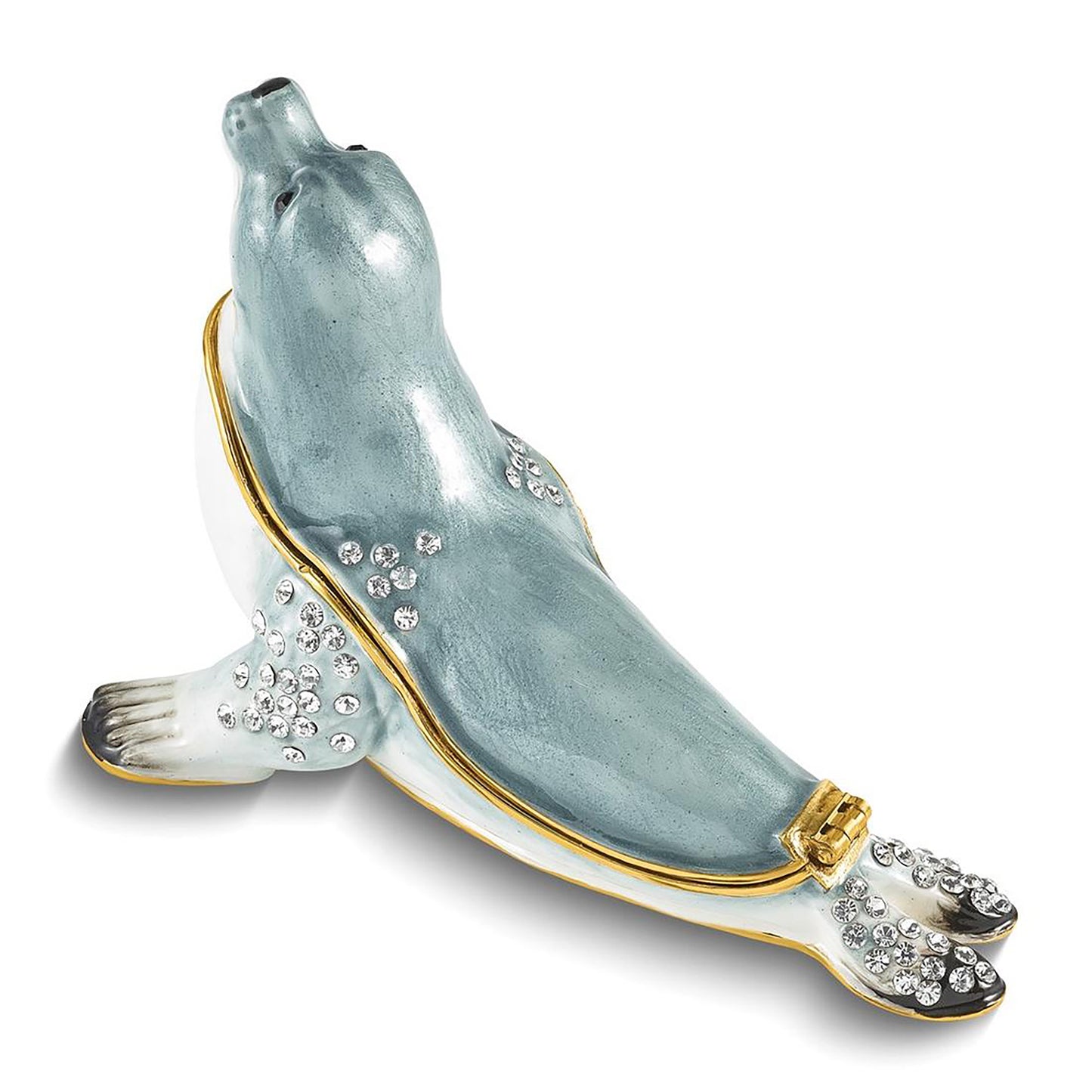 Bejewled Pinny Grey Seal Trinket Container Bejeweled Trinket Box with Matching 18 Inch Necklace, Hand Painted Enameled Collectible Gift