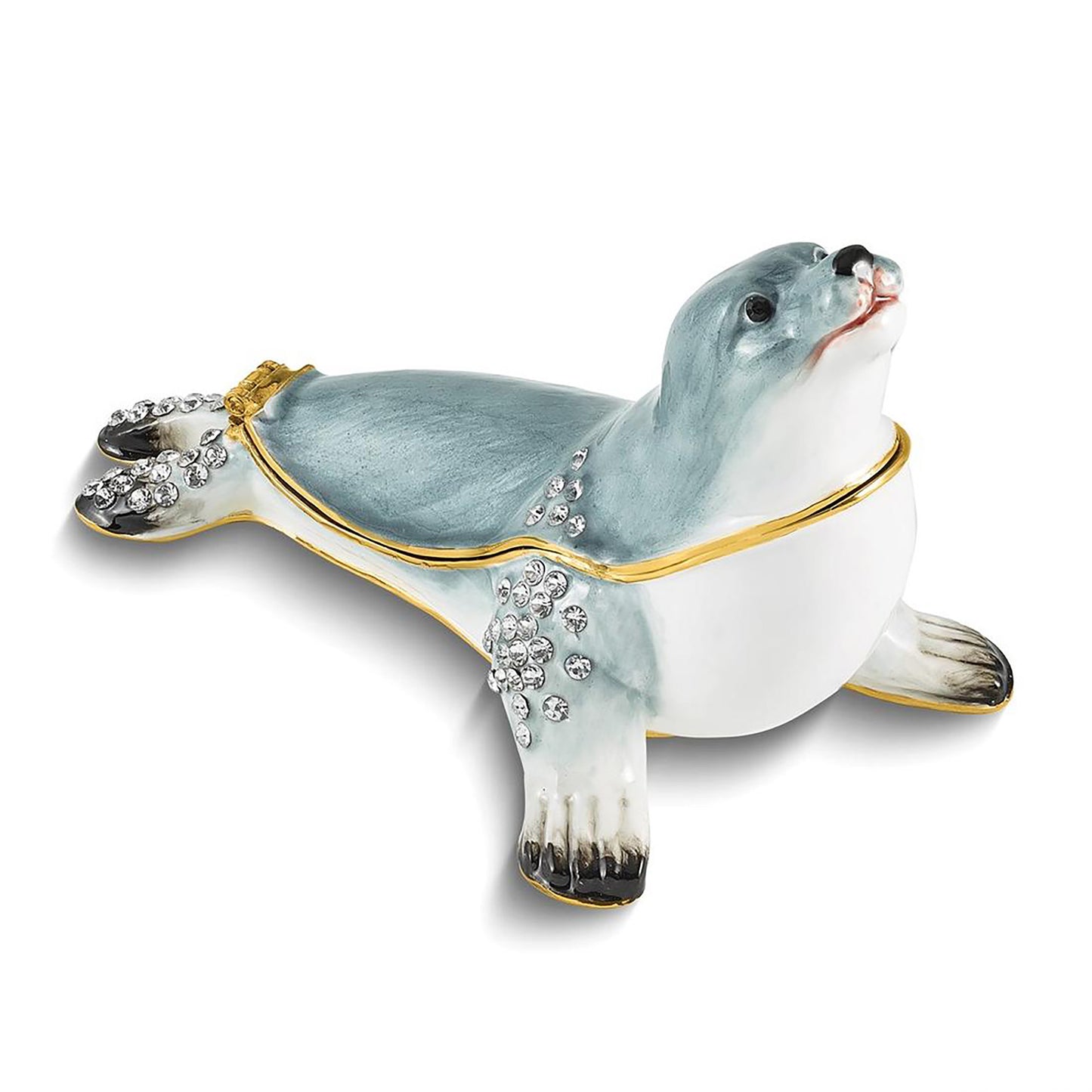 Bejewled Pinny Grey Seal Trinket Container Bejeweled Trinket Box with Matching 18 Inch Necklace, Hand Painted Enameled Collectible Gift