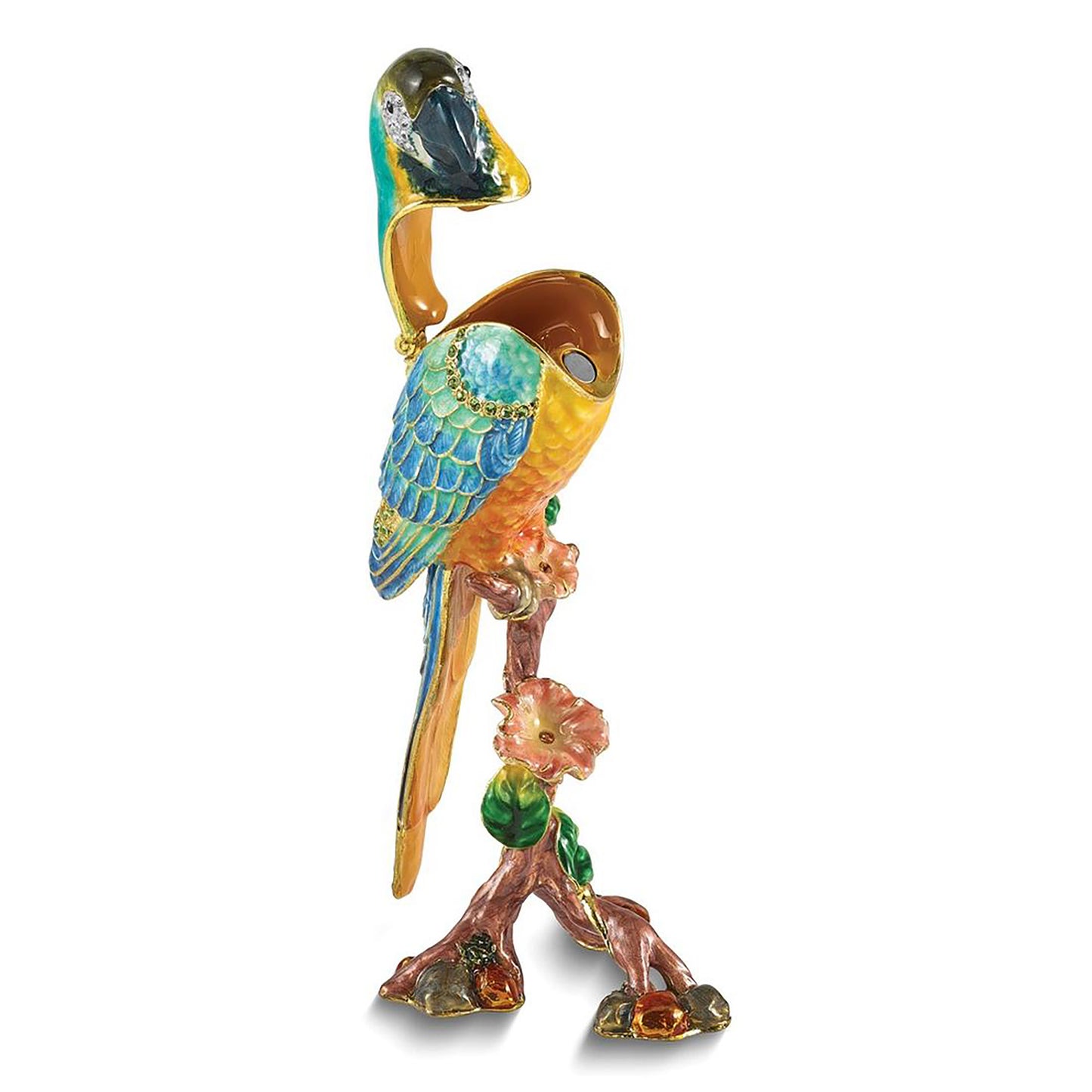 Bejeweled Mojo Macaw Parrot Trinket Container Bejeweled Trinket Box with Matching 18 Inch Necklace, Hand Painted Enameled Collectible Gift